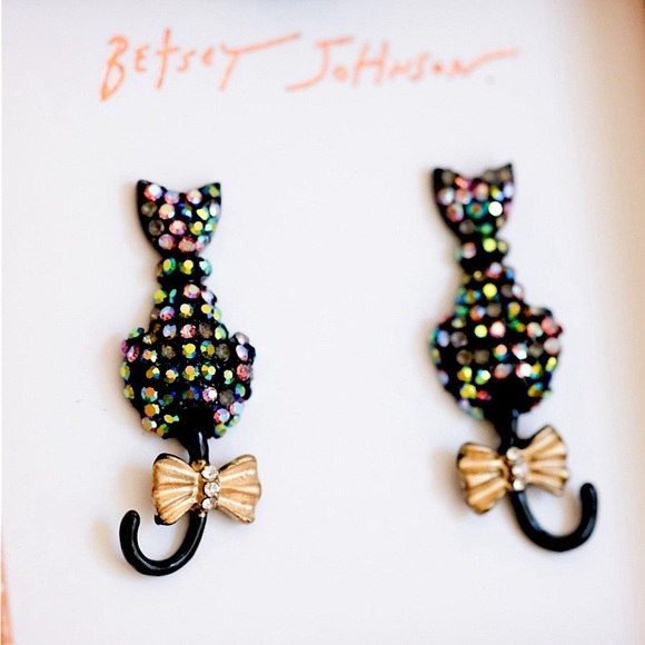Betsy Johnson Black Cat Iridescent Rhinestone Drop Earrings, NWT,🌛 - Picture 8 of 11